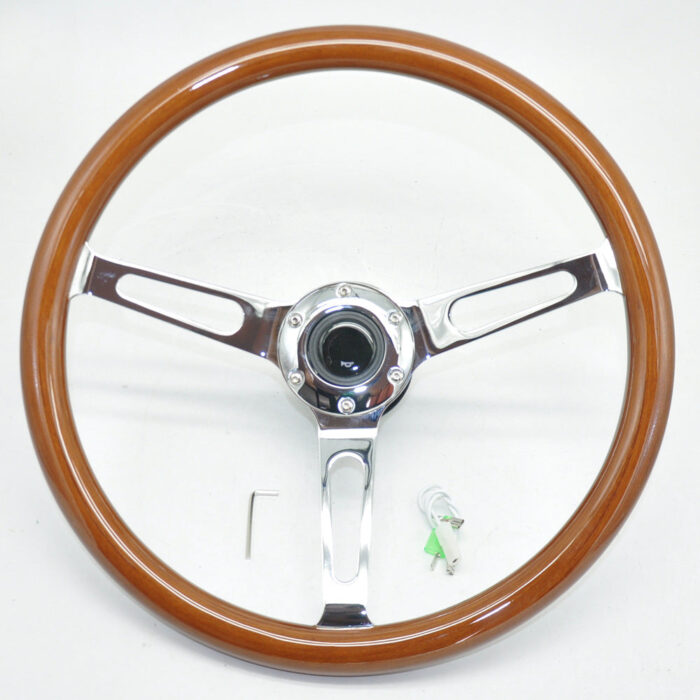 Classic Car Wood Steering Wheel - Bright Plated Brown Stainless Steel Spokes 380MM 15 Inch 6 Holes Universal