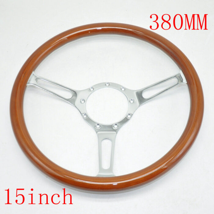 Classic Car Wood Steering Wheel - Bright Plated Brown Stainless Steel Spokes 380MM 15 Inch 9 Holes Universal