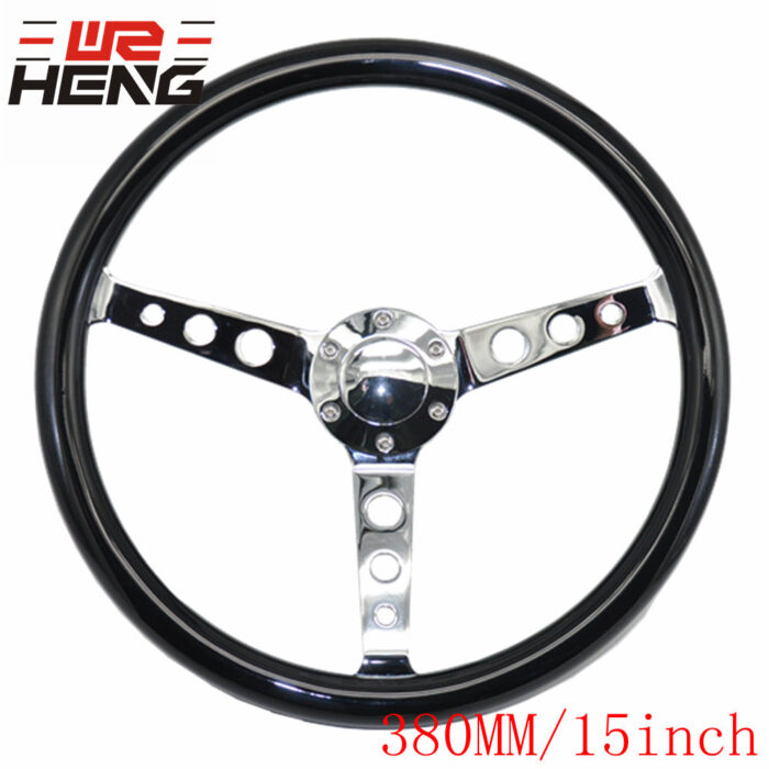 Classic Car Wood Steering Wheel - Bright Black Stainless Steel Round Hole Spokes 380MM 15 Inch 6 Holes Universal