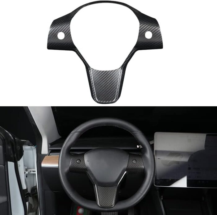 JSWAN Carbon Fiber Steering Wheel Cover for Tesla Model 3 Model Y Interior Wrap Steering Wheel Trim Cover Frame Decorative Sticker Interior Accessories Parts (Matte Black)