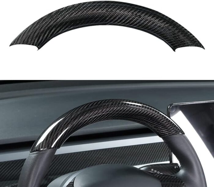 JSWAN Carbon Fiber Steering Wheel Embedded Cover for Tesla Model 3/Y Interior Modification Steering Wheel Panel Sticker Caps (Bright Forging 2 pcs)