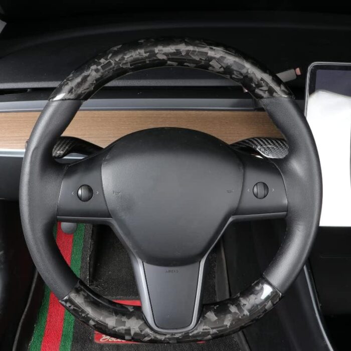 JSWAN Carbon Fiber Steering Wheel Embedded Cover for Tesla Model 3/Y Interior Modification Steering Wheel Panel Sticker Caps (Bright Forging 2 pcs)