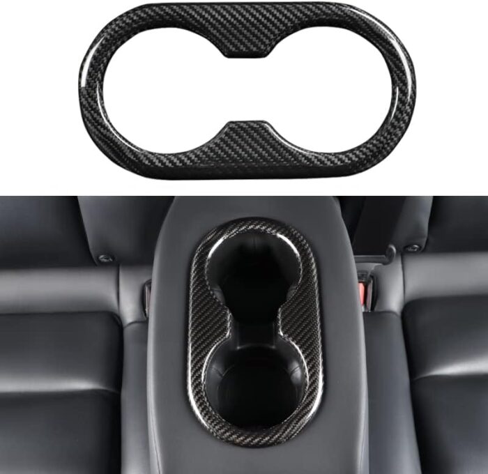 JSWAN Carbon Fiber Water Cup Holder Frame Trim Cover for Tesla Model Y Rear Drain Cup Slot Decoration Cover, Armrest Water Cup Holder Slot Frame Trim Sticker (Bright Black)