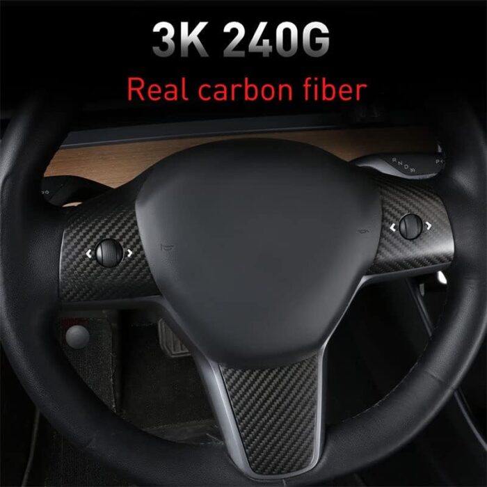 JSWAN Carbon Fiber Steering Wheel Decorative Panel Cover for Tesla Model 3 Model Y Steering Wheel Cover Car Interior Accessories (Matte Black 3 pcs)