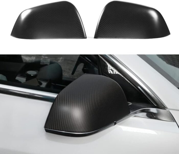 JSWAN 2PCS Real Dry Carbon Fiber Door Rearview Mirror Cover Cap for Tesla Model Y (2021-2024) Glossy Matte Forging Horn Molding Side Rearview Mirror Cover Exterior Mirrors Cap (Matte Black Model Y)