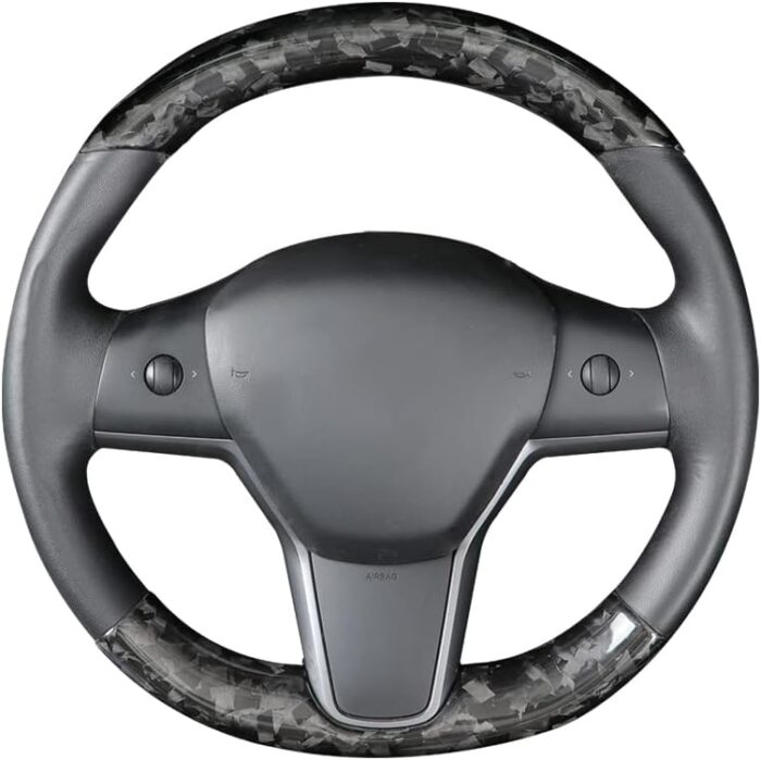 JSWAN Carbon Fiber Steering Wheel Embedded Cover for Tesla Model 3/Y Interior Modification Steering Wheel Panel Sticker Caps (Bright Forging 2 pcs)