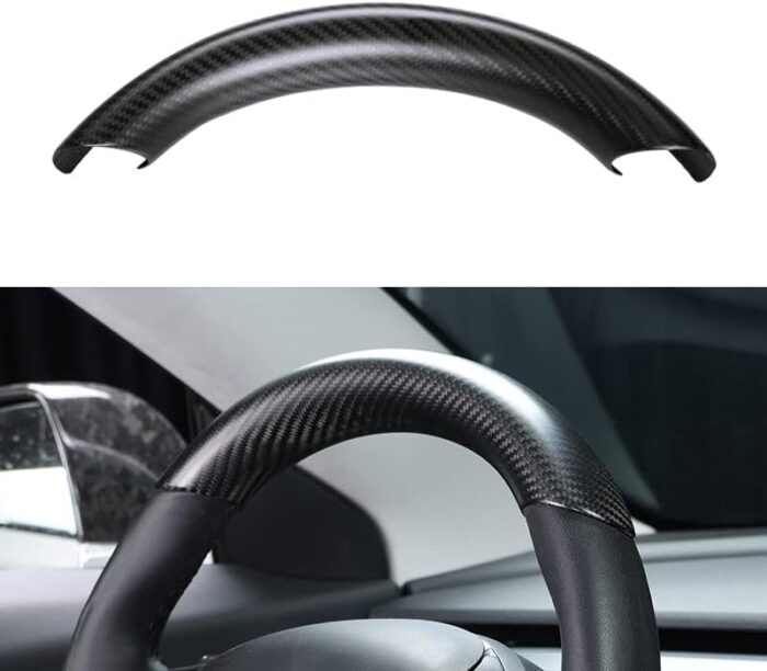 JSWAN Carbon Fiber Steering Wheel Embedded Cover for Tesla Model 3/Y Interior Modification Steering Wheel Panel Sticker Caps (Bright Forging 2 pcs)