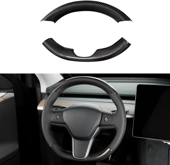 JSWAN Real Carbon Fiber Steering Wheel Cover for Tesla Model 3 2017-2023 Model Y 2020-2023 Steering Wheel Trim Cover Steering Wheel Wrap Protector Interior Accessories (Matte Black Upper Part)