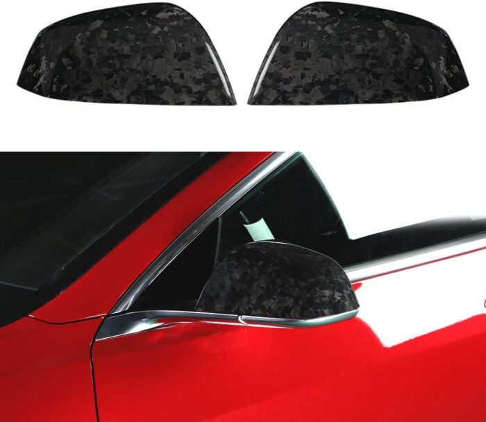 JSWAN 2PCS Real Dry Carbon Fiber Door Rearview Mirror Cover Cap for Tesla Model Y (2021-2024) Glossy Matte Forging Horn Molding Side Rearview Mirror Cover Exterior Mirrors Cap (Matte Black Model Y)