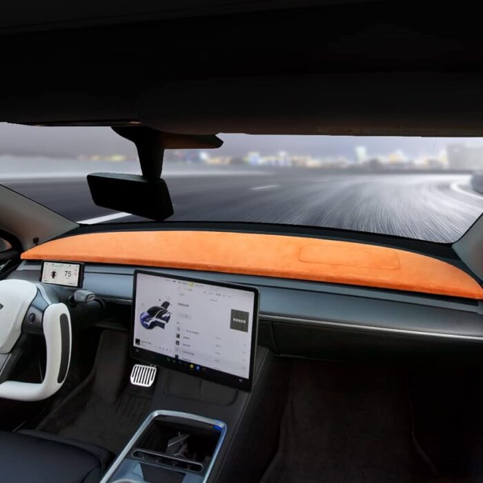 HANSSHOW Dashboard Cover Dash Fit for 2020-2023 Tesla Model Y/ 2017-2023 Model 3 Flannel Nonslip Car Dash Board Mat Sunshade No-Glare-Orange