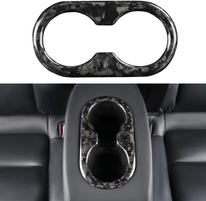 JSWAN Carbon Fiber Water Cup Holder Frame Trim Cover for Tesla Model Y Rear Drain Cup Slot Decoration Cover, Armrest Water Cup Holder Slot Frame Trim Sticker (Bright Black)