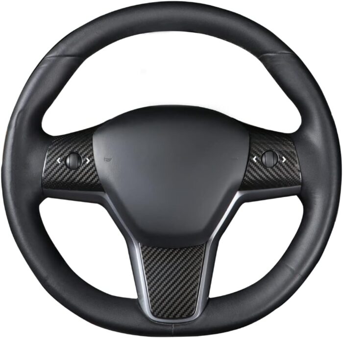 JSWAN Carbon Fiber Interior Steering Wheel Cover Trim Wrap with Marked for Tesla Model 3 Model Y Interior Accessories Compatible Steering Wheel Panel Decorative Sticker (Matte Black 1 Set)