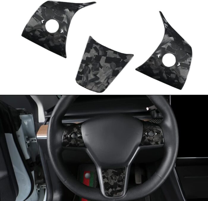 JSWAN Real Carbon Fiber Steering Wheel Cover for Tesla Model 3 2017-2023 Model Y 2020-2023 Steering Wheel Trim Cover Steering Wheel Wrap Protector Interior Accessories (Matte Black Upper Part)