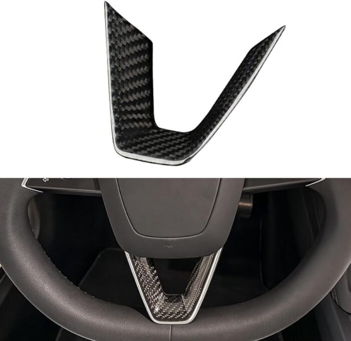 JSWAN Real Carbon Fiber Steering Wheel Panel Cover Fit for Tesla New Refreshed Model 3 2023-2024 Steering Wheel Frame Trim Cover Interior Accessories (Bright Black)