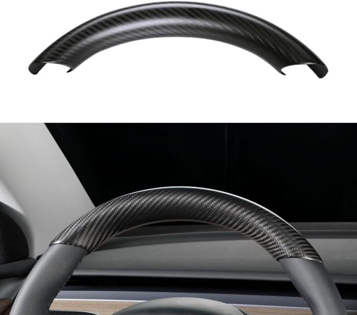 JSWAN Real Carbon Fiber Steering Wheel Cover for Tesla Model 3 2017-2023 Model Y 2020-2023 Steering Wheel Trim Cover Steering Wheel Wrap Protector Interior Accessories (Matte Black Upper Part)