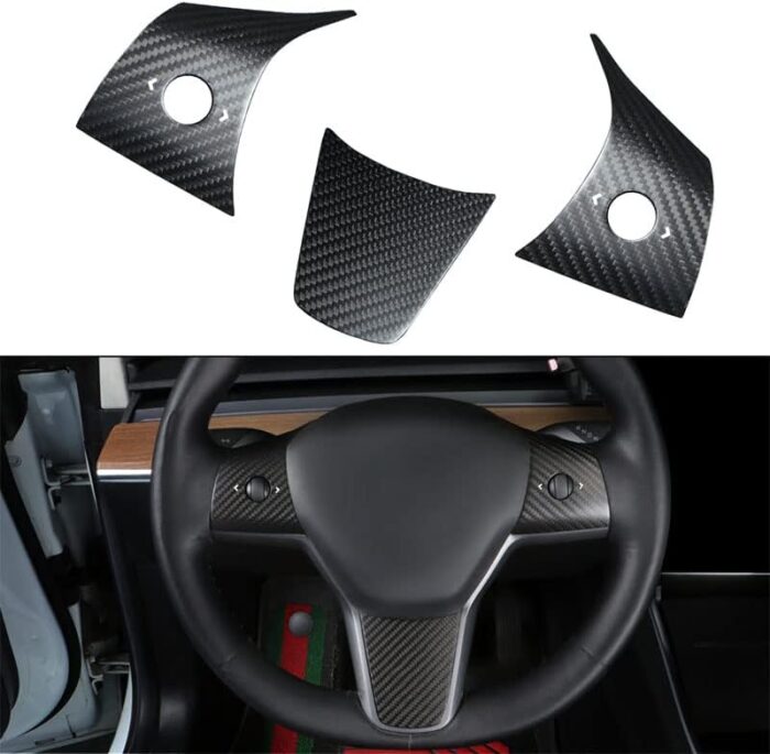 JSWAN Carbon Fiber Steering Wheel Decorative Panel Cover for Tesla Model 3 Model Y Steering Wheel Cover Car Interior Accessories (Matte Black 3 pcs)