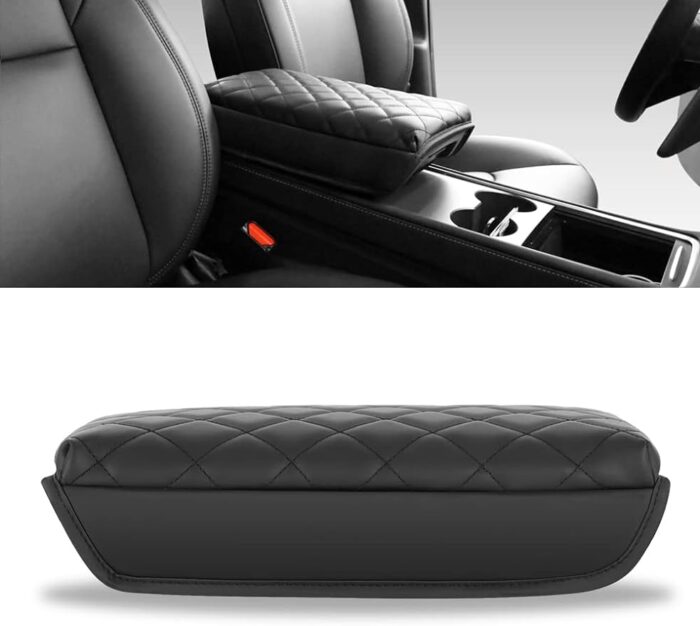 HANSSHOW Compatible Tesla Model 3 Model Y Armrest Pad, Center Console Cover, Leather Cushion Protector Wrap (NO Side Pockets, Black)