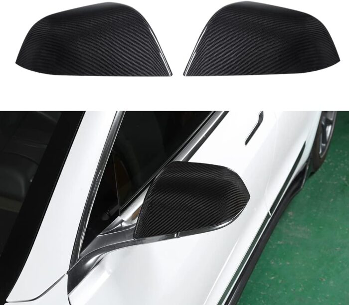 JSWAN 2PCS Real Dry Carbon Fiber Door Rearview Mirror Cover Cap for Tesla Model Y (2021-2024) Glossy Matte Forging Horn Molding Side Rearview Mirror Cover Exterior Mirrors Cap (Matte Black Model Y)