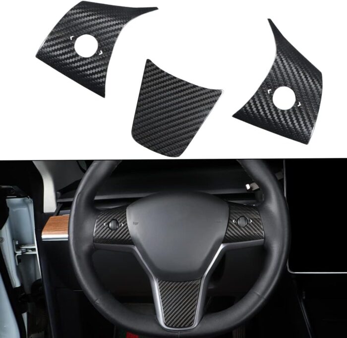 JSWAN Real Carbon Fiber Steering Wheel Cover for Tesla Model 3 2017-2023 Model Y 2020-2023 Steering Wheel Trim Cover Steering Wheel Wrap Protector Interior Accessories (Matte Black Upper Part)