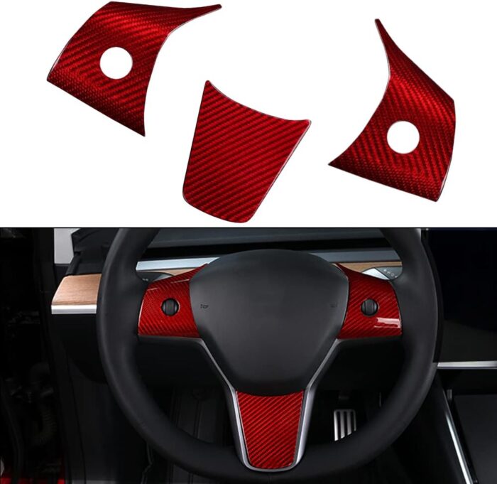 JSWAN Carbon Fiber Steering Wheel Cover for Tesla Model 3 Model Y Interior Accessories Parts Steering Wheel Panel Cover Sticker (Bright Red 1 Set (NOM))