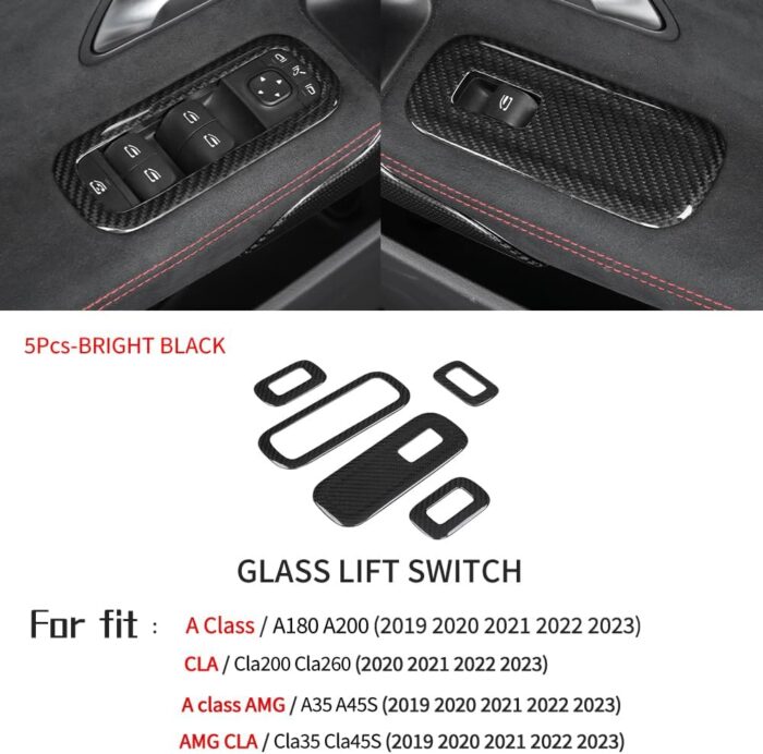 JSWAN Carbon Fiber 5Pcs Car Window Glass Lift Button Trim Switch Cover for Benz A Cla Class AMG A180 A200 Cla200 Cla260 Cla35 Cla45S W118 W177 V177 W206 LHD Door Armrest Panel Cover