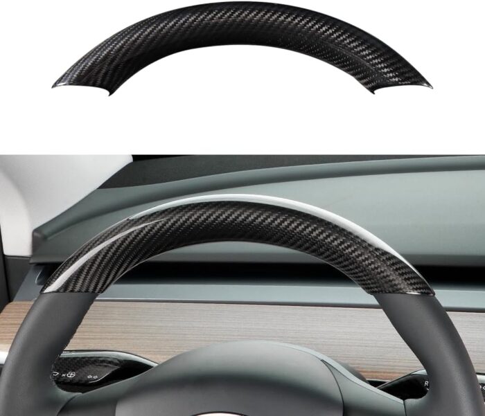 JSWAN Real Carbon Fiber Steering Wheel Cover for Tesla Model 3 2017-2023 Model Y 2020-2023 Steering Wheel Trim Cover Steering Wheel Wrap Protector Interior Accessories (Matte Black Upper Part)