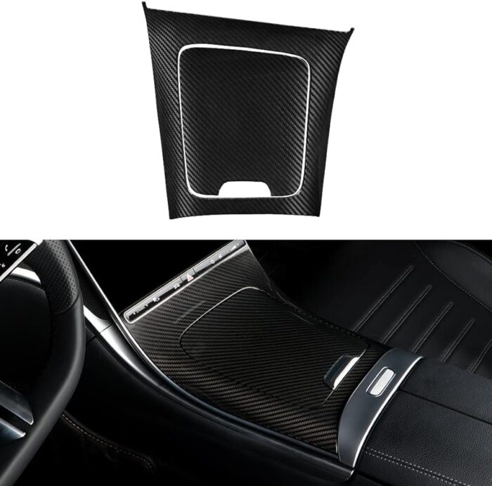 JSWAN Carbon Fiber Center Console Panel Cover Center Console Wrap Pattern for Benz C200L C260L W206 AMG C63 S400L S450L LHD(2022 2023) Gear Panel Trim Cover Gear Shift Knob Frame Sticker Cup Holder