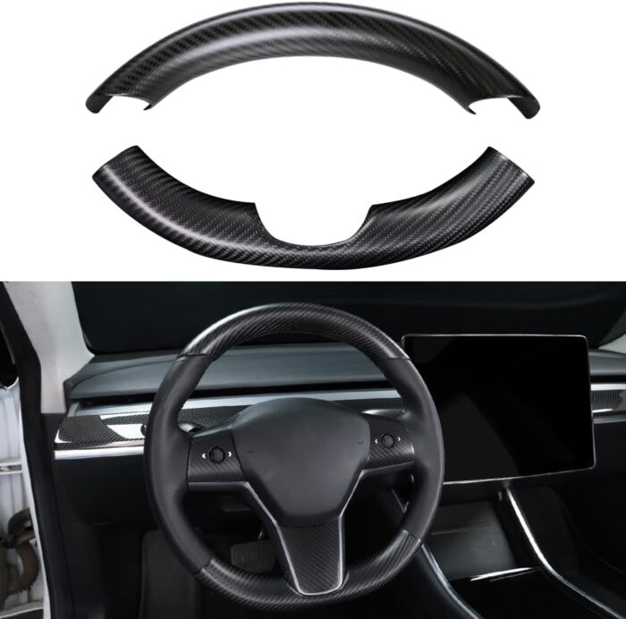 JSWAN Real Carbon Fiber Steering Wheel Cover for Tesla Model 3 2017-2023 Model Y 2020-2023 Steering Wheel Trim Cover Steering Wheel Wrap Protector Interior Accessories (Matte Black Upper Part)