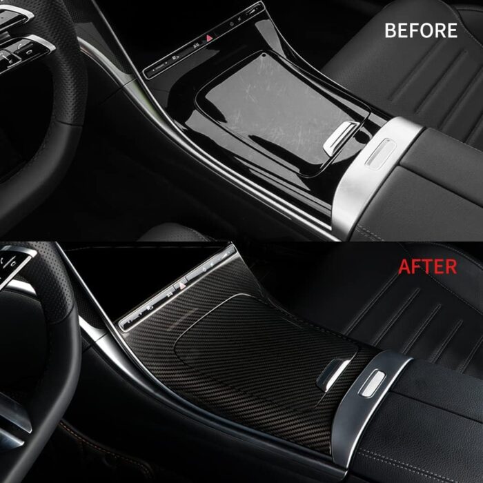 JSWAN Carbon Fiber Center Console Panel Cover Center Console Wrap Pattern for Benz C200L C260L W206 AMG C63 S400L S450L LHD(2022 2023) Gear Panel Trim Cover Gear Shift Knob Frame Sticker Cup Holder