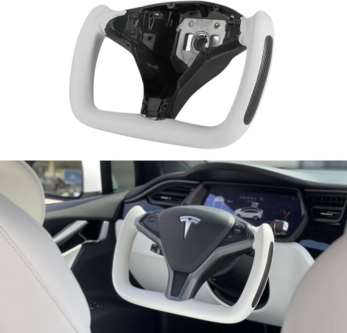 HANSSHOW Tesla Yoke Steering Wheel for Model X and Model S 2012-2020 (Matte Carbon Fiber, Nappa white leather)