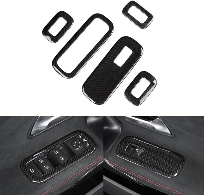 JSWAN Carbon Fiber 5Pcs Car Window Glass Lift Button Trim Switch Cover for Benz A Cla Class AMG A180 A200 Cla200 Cla260 Cla35 Cla45S W118 W177 V177 W206 LHD Door Armrest Panel Cover