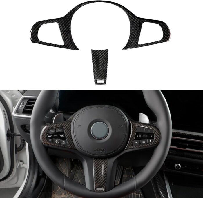 JSWAN Carbon Fiber Steering Wheel Cover for BMW 3 4 5 7 8 Series G20 G22 G28 G30 Z4 G29 320i 325i 330i 420i 425i 430i Steering Wheel Button Frame Trim Cover Steering Wheel Panel Cover (Without Acc)