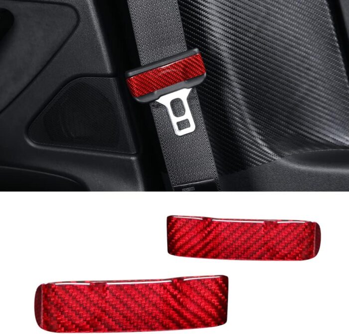 JSWAN Real Carbon Fiber Safety Belt Buckle Decoration Sticker Patch Shell for Tesla Model 3 Model Y Car Interior Dash Covers Interior (Bright Red 2 pcs)