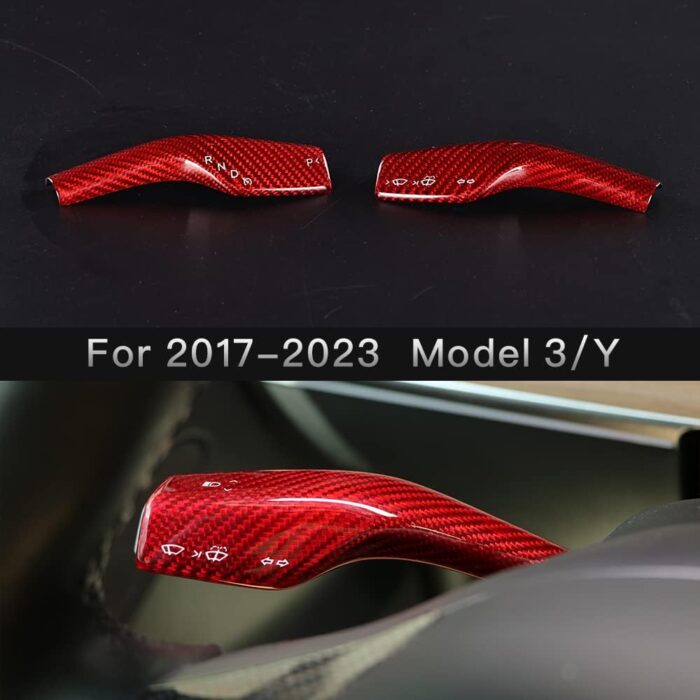 JSWAN Carbon Fiber Column Shift Cover Interior Stickers for Tesla Model 3/Y Shift Knob Gear Lever Decorative Accessories Cover Shift Head Shift Head Embedded Cover (Bright Red 1 Pair)