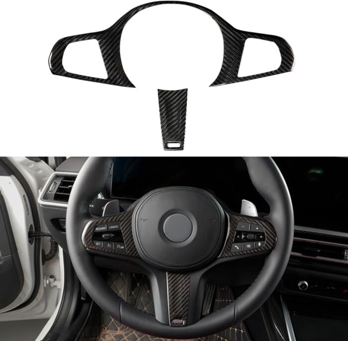 JSWAN Carbon Fiber Steering Wheel Cover for BMW 3 4 5 7 8 Series G20 G22 G28 G30 Z4 G29 320i 325i 330i 420i 425i 430i Steering Wheel Button Frame Trim Cover Steering Wheel Panel Cover (Without Acc)