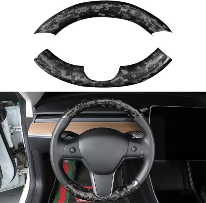 JSWAN Real Carbon Fiber Steering Wheel Cover for Tesla Model 3 2017-2023 Model Y 2020-2023 Steering Wheel Trim Cover Steering Wheel Wrap Protector Interior Accessories (Matte Black Upper Part)