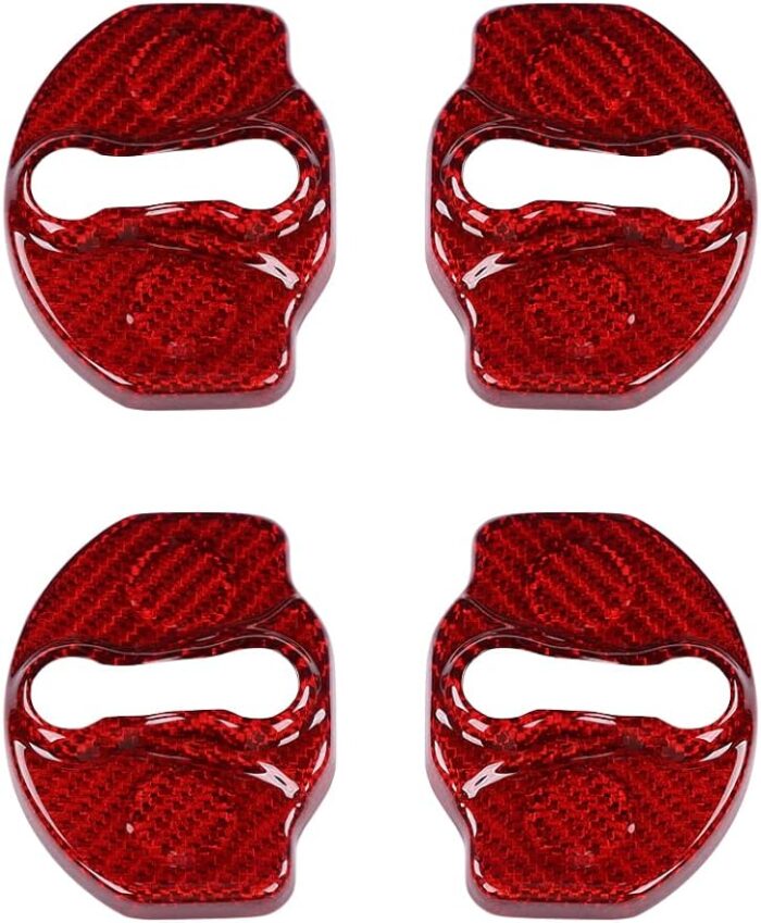 JSWAN Carbon Fiber Car Door Lock Cover for Model 3 Model Y Car Door Latches Covers Door Stopper Covers Protectors Door Guard Lock Sticker (Bright Red 4pcs)