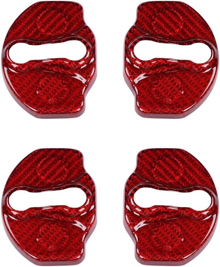 JSWAN Carbon Fiber Car Door Lock Cover for Model 3 Model Y Car Door Latches Covers Door Stopper Covers Protectors Door Guard Lock Sticker (Bright Red 4pcs)