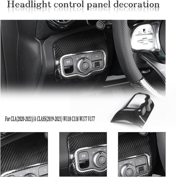 JSWAN Carbon Fiber Headlight Switch Frame Trim Cover for LHD Mercedes Benz CLA/A Class A180 A200 A35L A45S CLA35 CLA45 CLA45S W118 W177 V177 Dashboard Headlight Button Control Sticker