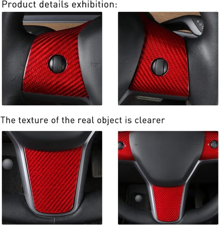 JSWAN Carbon Fiber Steering Wheel Cover for Tesla Model 3 Model Y Interior Accessories Parts Steering Wheel Panel Cover Sticker (Bright Red 1 Set (NOM))