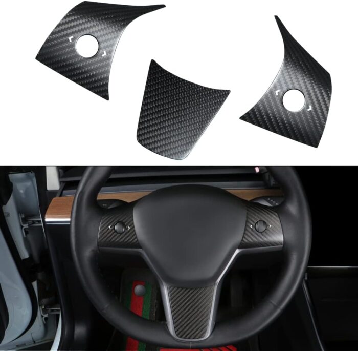 JSWAN Carbon Fiber Interior Steering Wheel Cover Trim Wrap with Marked for Tesla Model 3 Model Y Interior Accessories Compatible Steering Wheel Panel Decorative Sticker (Matte Black 1 Set)