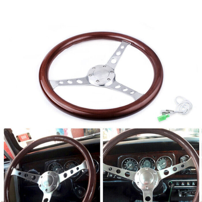 15'' 380mm Deep Dish Classic Wooden Steering Wheel Chrome Spoke + Horn Universal