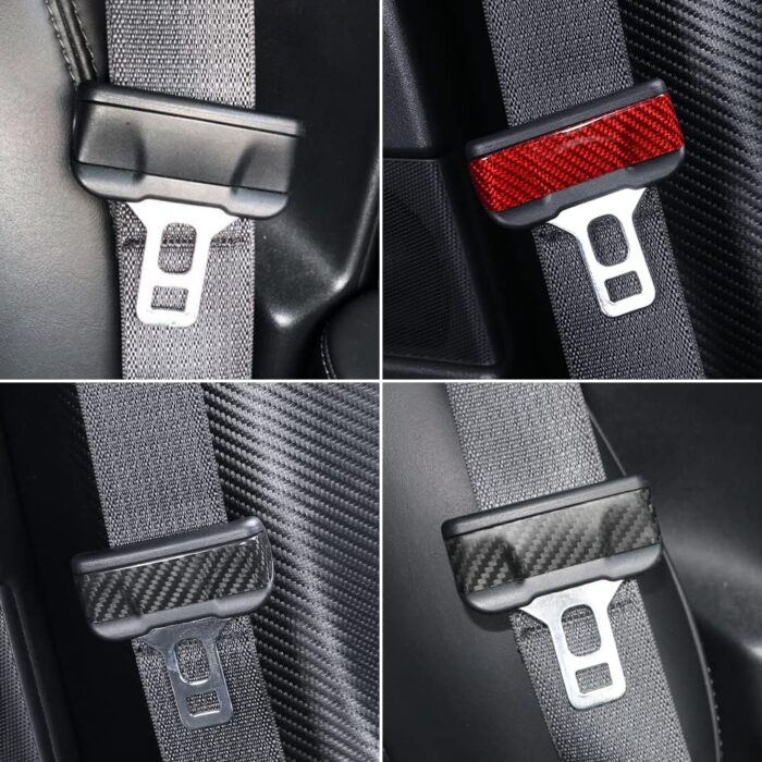 JSWAN Real Carbon Fiber Safety Belt Buckle Decoration Sticker Patch Shell for Tesla Model 3 Model Y Car Interior Dash Covers Interior (Bright Red 2 pcs)