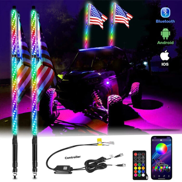 RGB Chasing Led Flagpole Light 3ft 4ft 5ft 6ft Music Remote App Control Led Whip Light for Offroad Atv 4x4 Utv