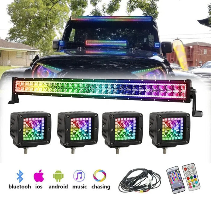 Wholesale Set 12v RGB Chasing LED Light Bar and RGB Work Light Led Pod Bluetooth APP Control for Truck Jeep 4x4