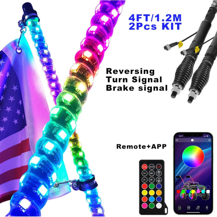 2023 New Remote App Control RGB Antennas Led Whip Light Chasing Offroad Led Flag Pole Whip Light