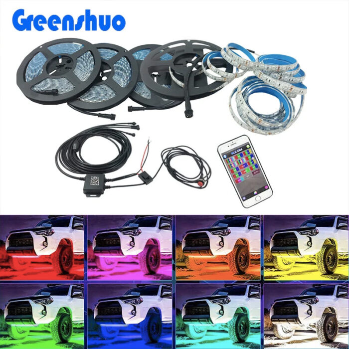 12V Super Bright Neon Lamp RGB Led Strip App Control Underglow Lights Kit for Car with Wiring Harness