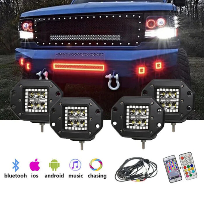 4pcs 24w Flush Mount Work Light Led Pods RGB Chasing Offroad Lights for Jeep Truck Utv Atv Suv 4x4