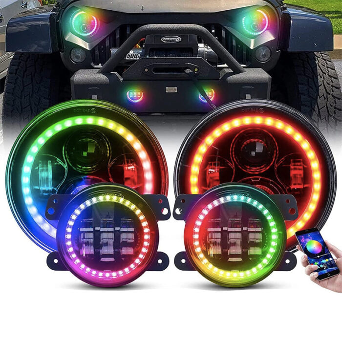 Round RGB Halo Chasing 7 Inch Headlight and 4 Inch Fog Light Set Kit By App Control H4 To H13 Plug For J eep W rangler JK