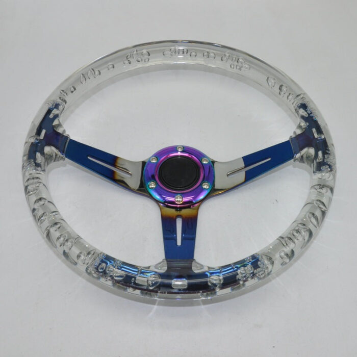Racing Acrylic Steering Wheel - 350MM 14 Inch Modified Car Competition Transparent Bubble Blue Baked Chrome Color Spokes - One Piece